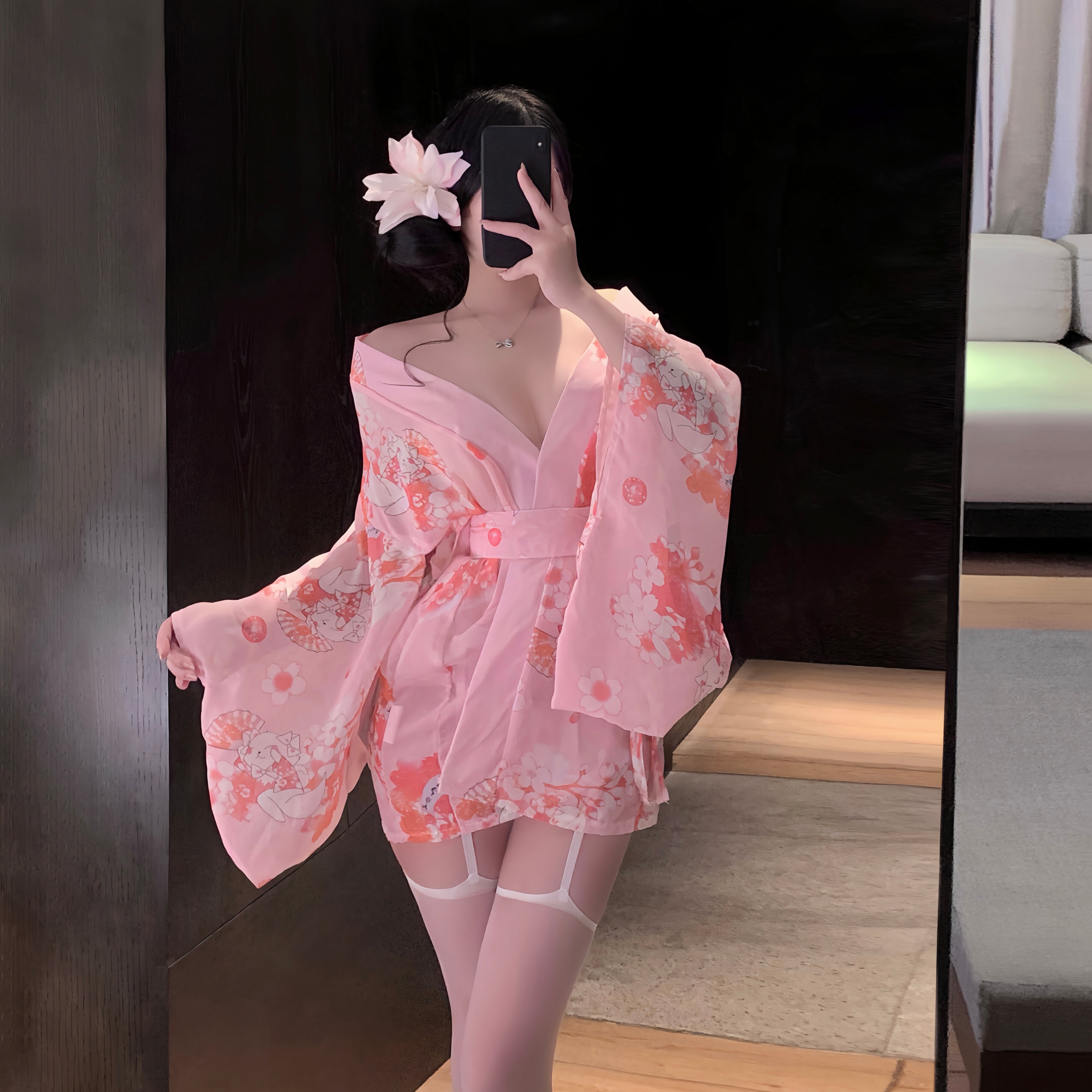 性感日系和服肚兜女V领印花系收腰睡裙角色扮演粉色趣味纯欲火辣