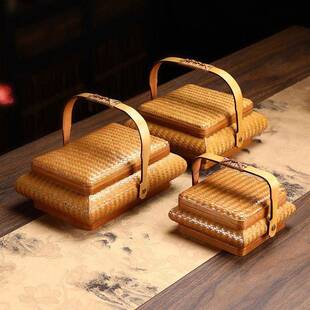 新款带盖提盒篮编大漆-手提收纳中式手工收便捷茶具纳竹水果点心