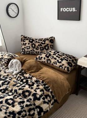 高端覆古美拉德无碍豪障风纹格少女豹兔毛绒冬华季四件套加厚CRZ