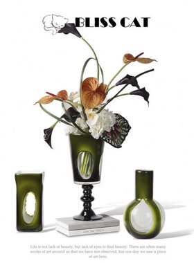 现代艺术绿色中古花瓶插花样板房花艺客厅玄关餐桌玻璃花器装饰品