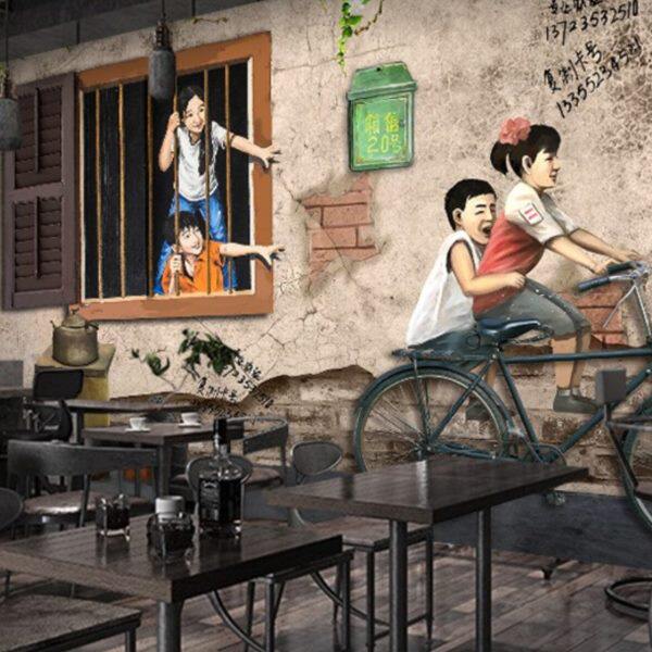 3d复古怀旧80年代马路边边壁纸串串香烧烤火锅墙纸餐厅饭店5d壁画