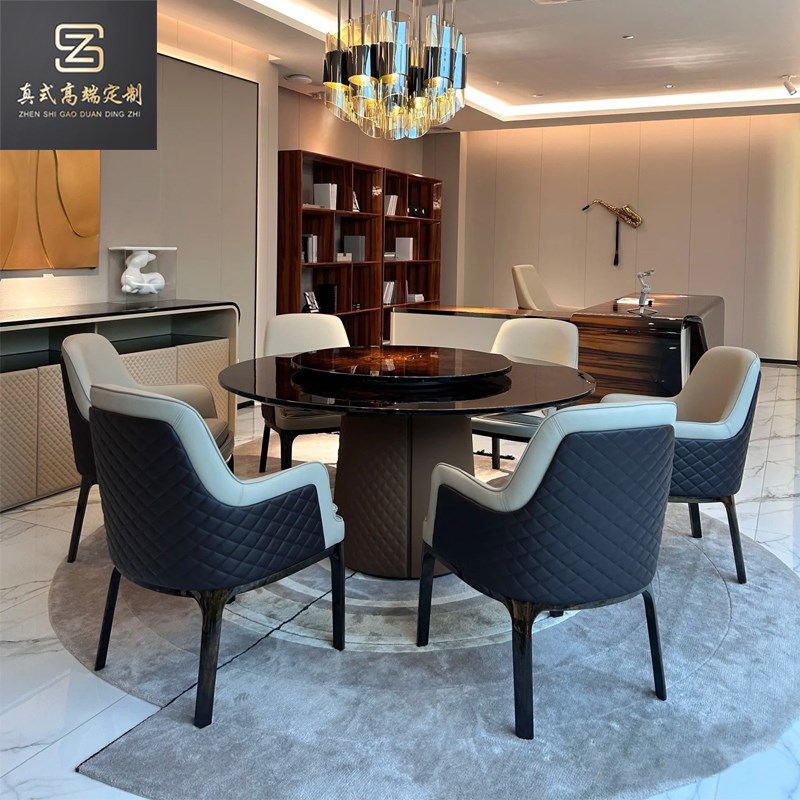 宾利轻奢圆形实木餐桌椅组合高端B别墅大平层豪宅意式钢琴烤漆餐
