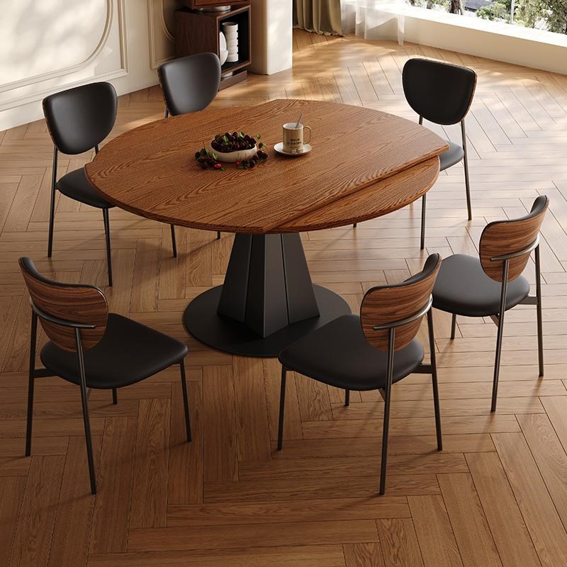 白蜡木纹可伸缩实木餐桌法u式复古风折叠圆桌小户型中古风吃饭桌