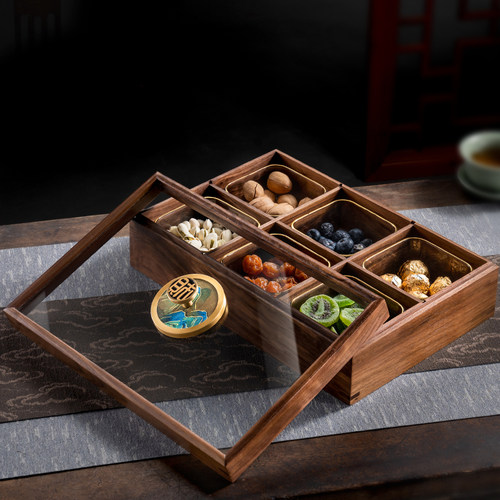 中式胡桃实木干果盒高档多格收y纳糖果零食水果盘家用客厅茶几招
