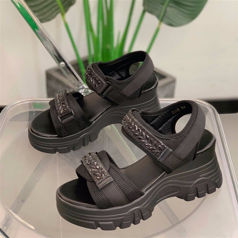 松糕厚底坡跟水钻凉鞋女2025夏季新款百搭魔术贴黑色时尚增高凉鞋,女鞋,休闲凉鞋,淘宝优惠券,粉丝福利购,淘宝优惠卷