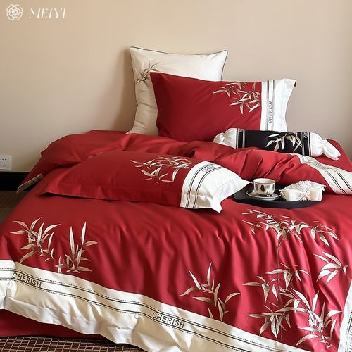 中式风绣花婚庆100S长绒棉床单四件套全棉纯棉喜被罩结婚床上用品