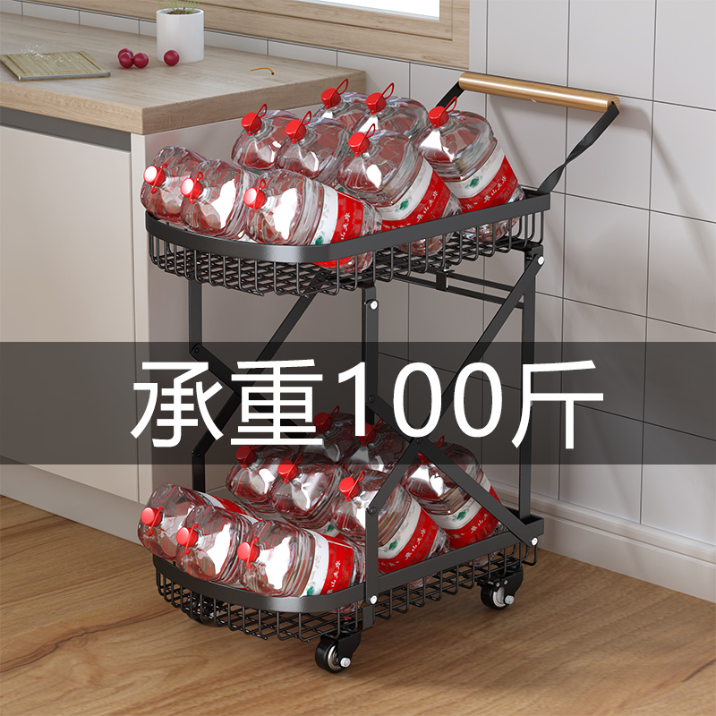 家用收纳手推车双层折叠式置物架厨房蔬菜篮子可移动多功能小推车