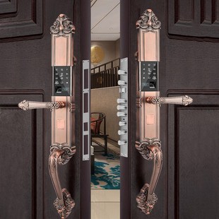 锁电子锁 高档智能锁别墅双开门大门锁家用指纹锁带把手防盗门密码