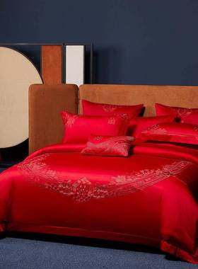 20KGUS长绒棉婚四件套大红庆色刺绣高结婚陪1嫁档新婚床上用品