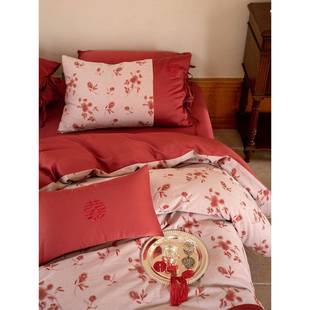 简约中式 全棉色织BEL婚庆件四全棉60套支红色喜结婚被套床单字床