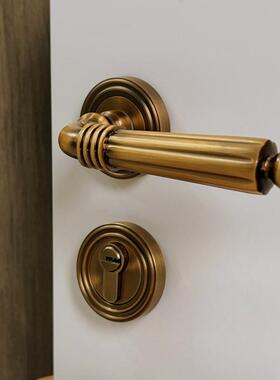 古风门锁室内卧室静用音吸青古中铜ROT房门家复磁古分体门锁三件