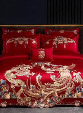 家纺凤新中式婚床上庆全棉床单四件套高PEB端龙结婚被套床盖用品