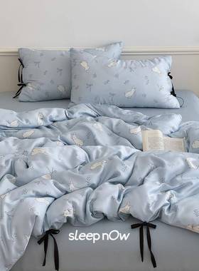 ins蓝色件小兔天四套绑带夏季件凉感冰丝宿舍三丝套床单被ATC套床