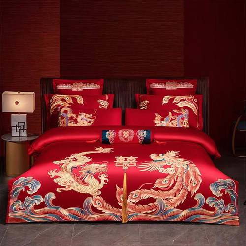 用结婚四件套单红色全棉刺绣龙凤婚庆大JVO喜被套床婚房嫁床上品