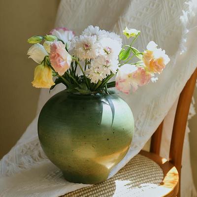 美集德复陶古侘寂景镇手工粗陶绿色花瓶水养鲜花花器插风HNH花摆