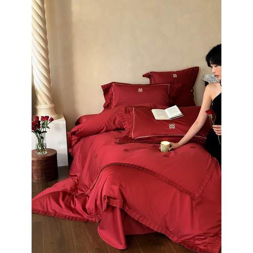 新婚XX快乐婚四件套喜刺全棉100S长绒棉字绣红庆色结婚被套床单床