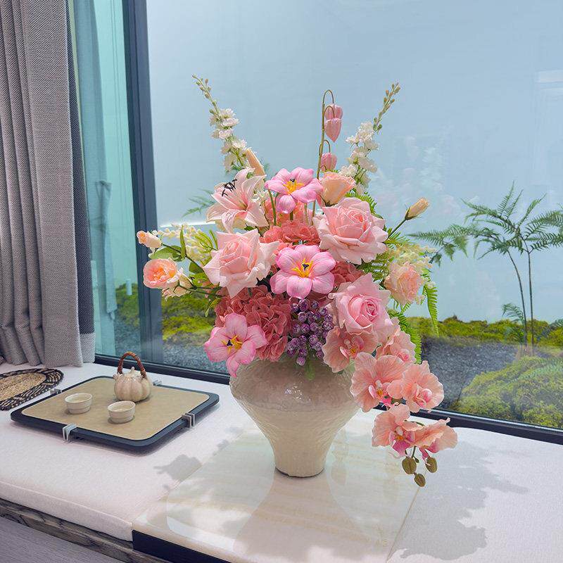 蝴wo+高品陶质仿真手感保湿玫瑰绣球蝶花束兰瓷花陶瓷瓶+瓶桌面摆