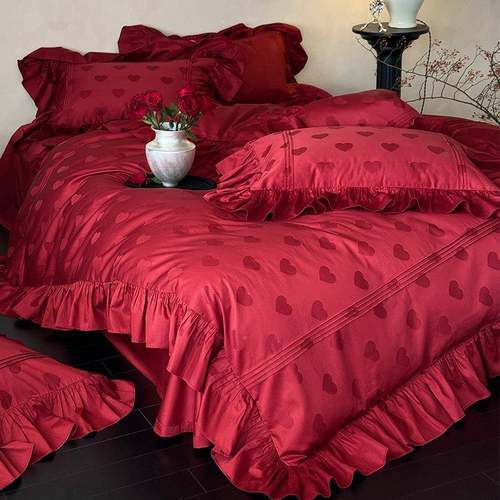 式边花爱心法提花新婚庆四件套棉红色全浪漫少女结婚QK被套床单床