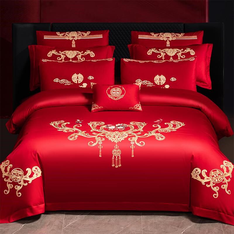 高端长绒棉婚庆四件套大红纯棉全棉磨毛喜被龙凤刺绣结婚床上用品