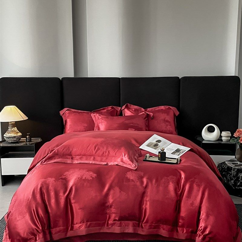 欧式提花100支纯棉结婚四件套酒红色被套被罩新婚庆喜被床上用品4