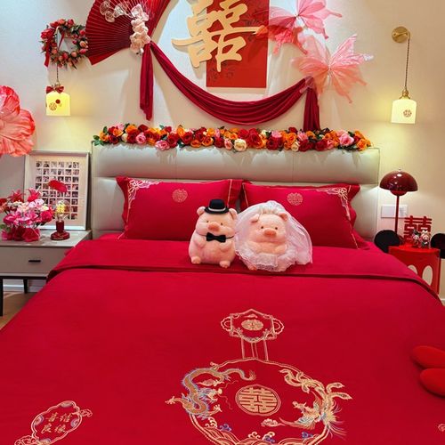 公主风结婚四件套大红龙凤床上用品全棉纯棉婚庆被套喜被陪嫁床单