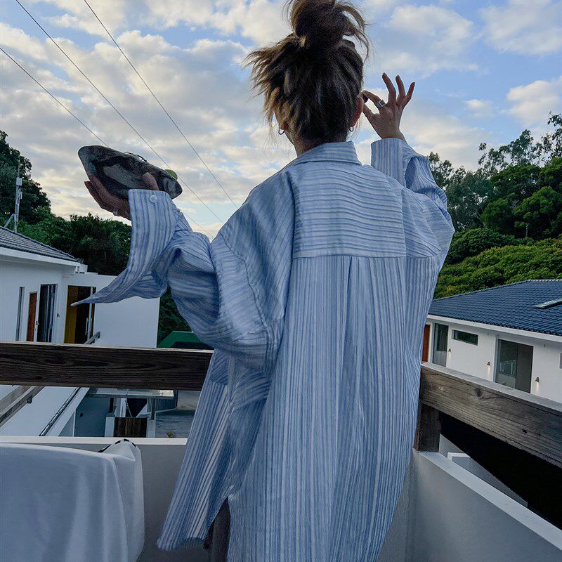MOERSHOP 风m格自定义 条纹BF风防晒衬衫女夏季新款设计感宽松衬