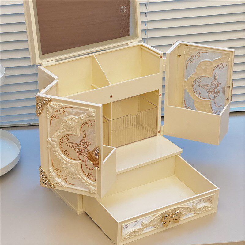 每遇彩妆大容量化妆品收纳盒三色调光LED灯化妆镜美妆镜首饰盒