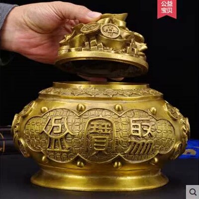铜聚宝盆纯铜聚宝盆摆件桌面带盖开盖招财聚财五路财神聚宝盆家居