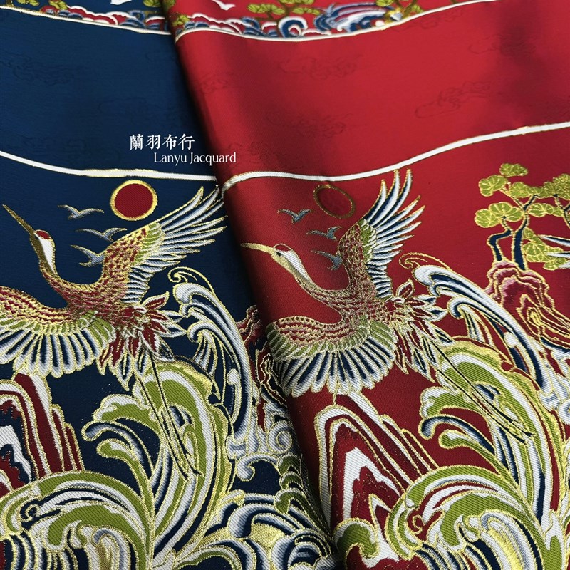 仙鹤宝蓝色马o面裙提花面料服装设计布
