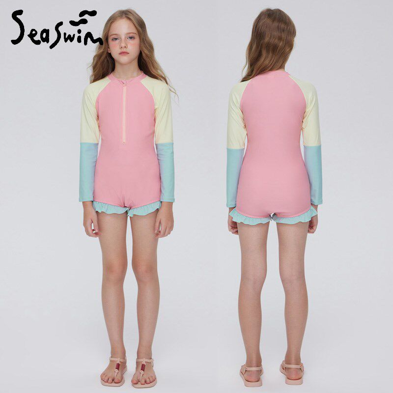 新款泳衣儿童女连身长袖平角专业训练泳装大童带胸垫泡温泉游泳衣