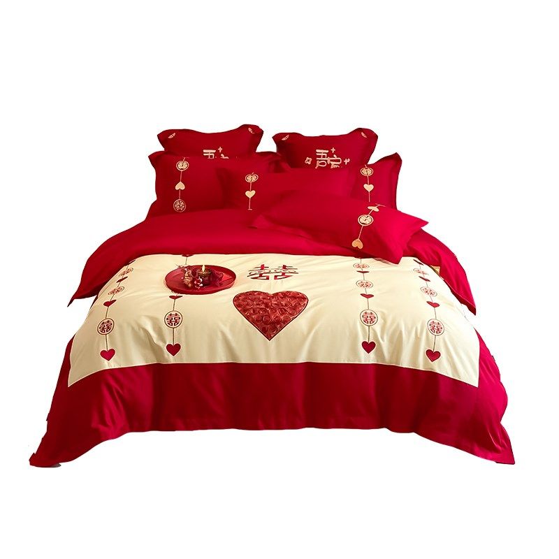 高端100支长绒棉婚庆四件套全棉纯棉结新婚礼大红色刺绣床上用品4