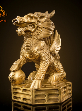 铜麒麟家居摆件一对纯铜镇宅招财麒麟踩八卦麒麟办公室客厅装饰品