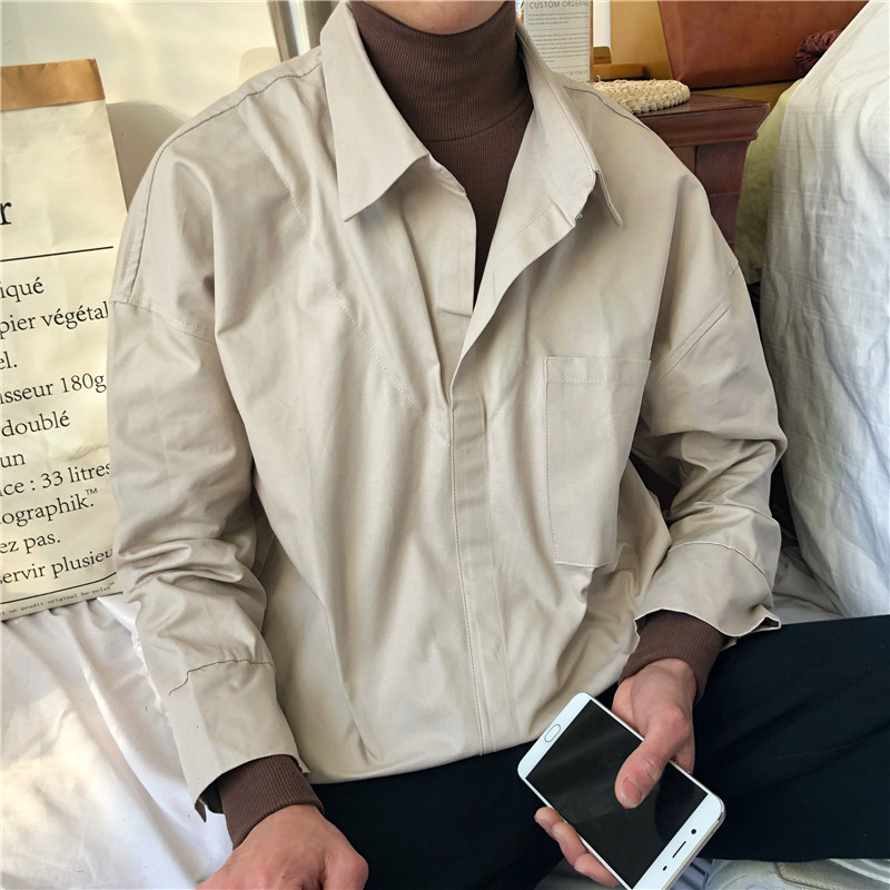 okk/两件一体高领韩港r味假两件衬衫简约拼接撞色OV宽松男长袖衬