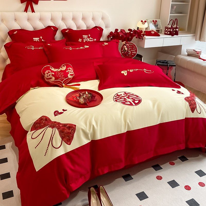 高端100支长绒棉婚庆四件套全棉纯棉结婚礼大红色公主风床上用品4