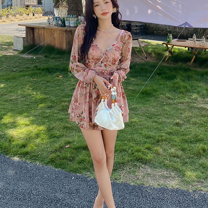 韩国胖mm泳衣女连体裙式钢托聚龙大码粉玫瑰高级感长袖泡温泉泳装