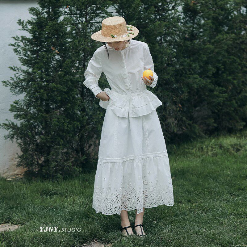 高级感重工设计花边蕾丝衬衫女镂空D花苞法式半裙网纱钮扣收腰套