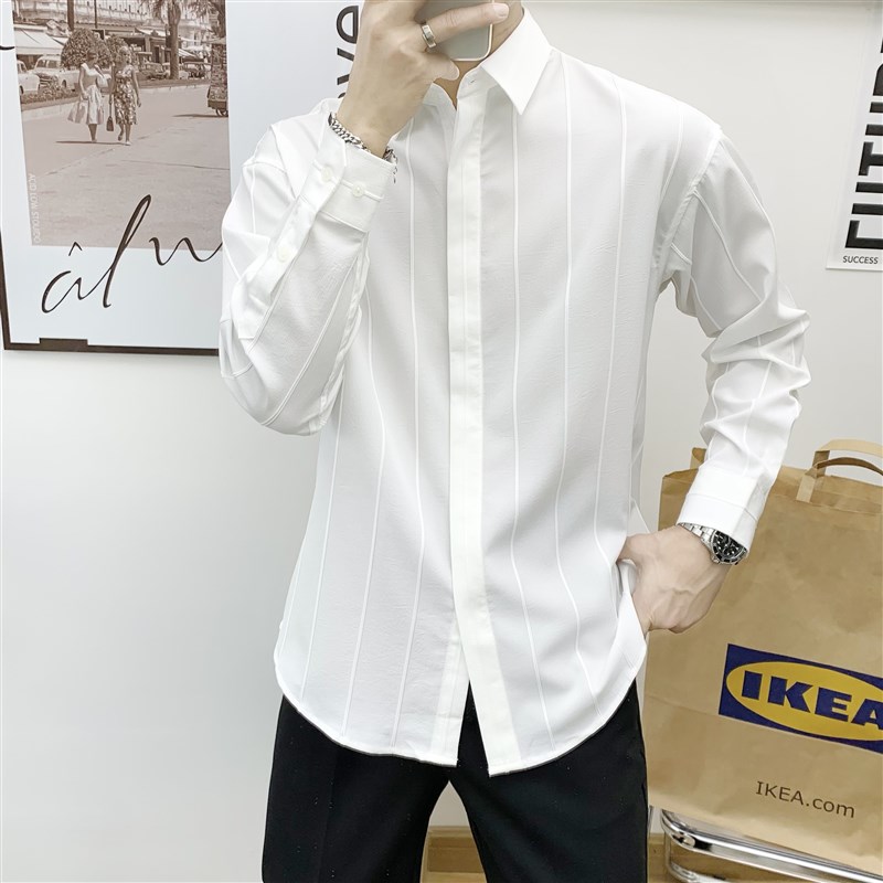 春秋微宽松衬衫男韩版潮流休闲免烫抗皱衬衣男长袖高级感白衬衫男