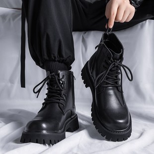 马丁靴男款春夏季透气软皮高帮靴子中帮英伦风工装厚底皮鞋男