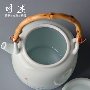 时述纯手绘提梁壶家用大容量茶壶复古竹把陶瓷单壶功夫茶具泡茶器