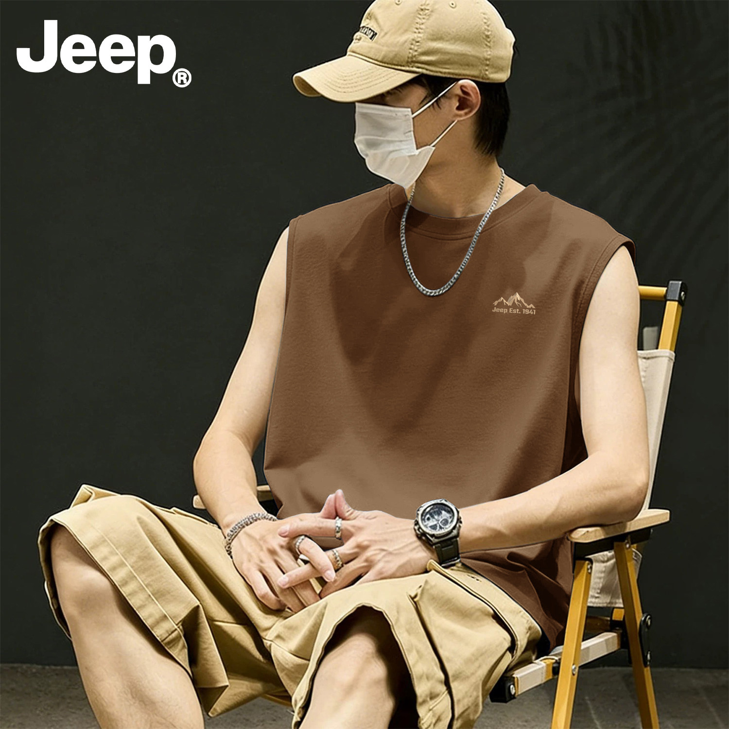 Jeep吉普背心男款夏装潮流痞帅纯棉无袖t恤男士坎肩运动棕色上衣