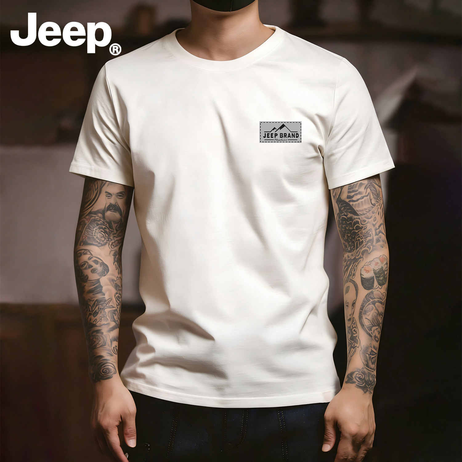 JEEP/吉普纯棉短袖T恤男夏季薄款透气宽松休闲圆领白色半袖体恤男