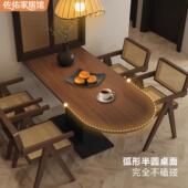 法式 覆古实木餐桌半圆靠墙家用小户型饭桌创意中古风岛台餐桌一体
