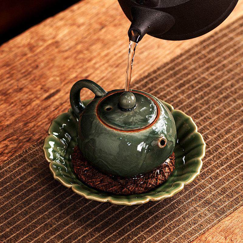 陶瓷花瓣覆古壶承养紫砂壶养壶盘茶托 托茶承干泡台隔热棕编茶壶