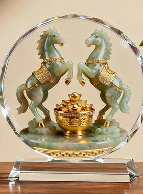 双马聚宝盆水晶摆件装饰画客厅玄关乔迁新居礼物马到成功桌面摆台