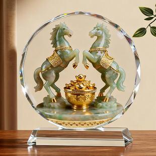 双马聚宝盆水晶摆件装饰画客厅玄关乔迁新居礼物马到成功桌面摆台