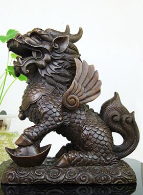 铜麒麟饰一对大黄DCP中式招财进品宝麒饰麟家居饰品入口客厅店品