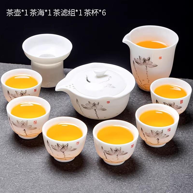 瓷手绘莲花茶具套组白XND瓷功夫具盖碗茶茶杯家陶茶具用办公用品