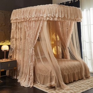 U型导轨宫廷蚊帐豪华蕾丝提花床幔家用双层纱三开门18升降双轨道