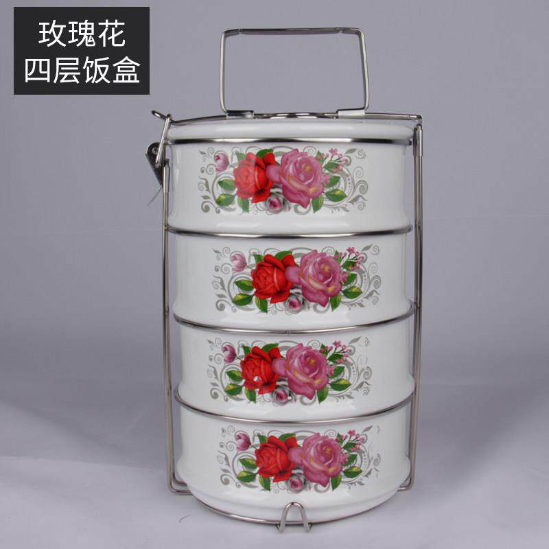 珐琅搪瓷盒快餐杯带盖TCFH圆形便当盒蒸饭盒上班族分隔型碗四饭层