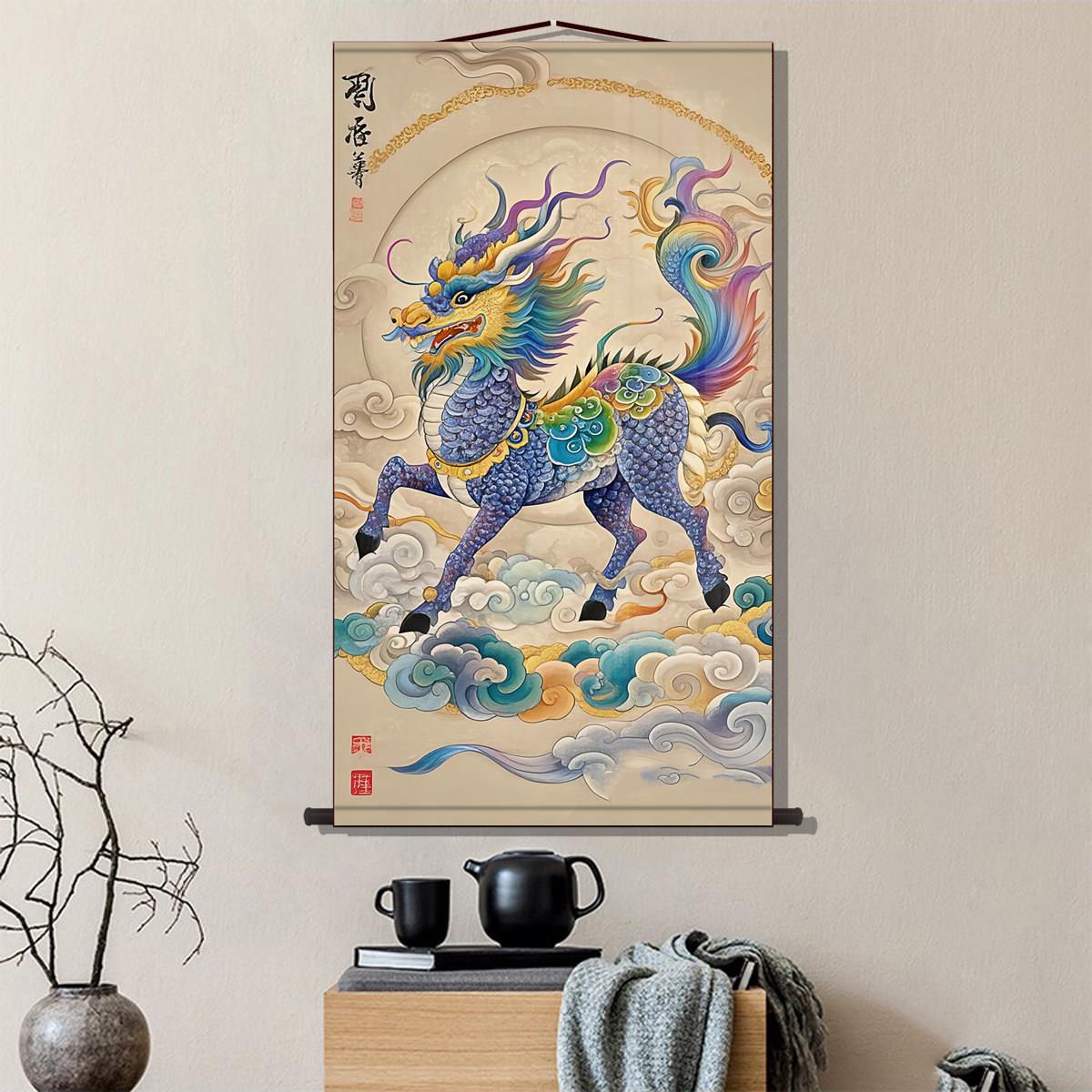 麒麟招挂画 画玄关装画 画高档壁新中式风水走廊饰QNT-260 过道进